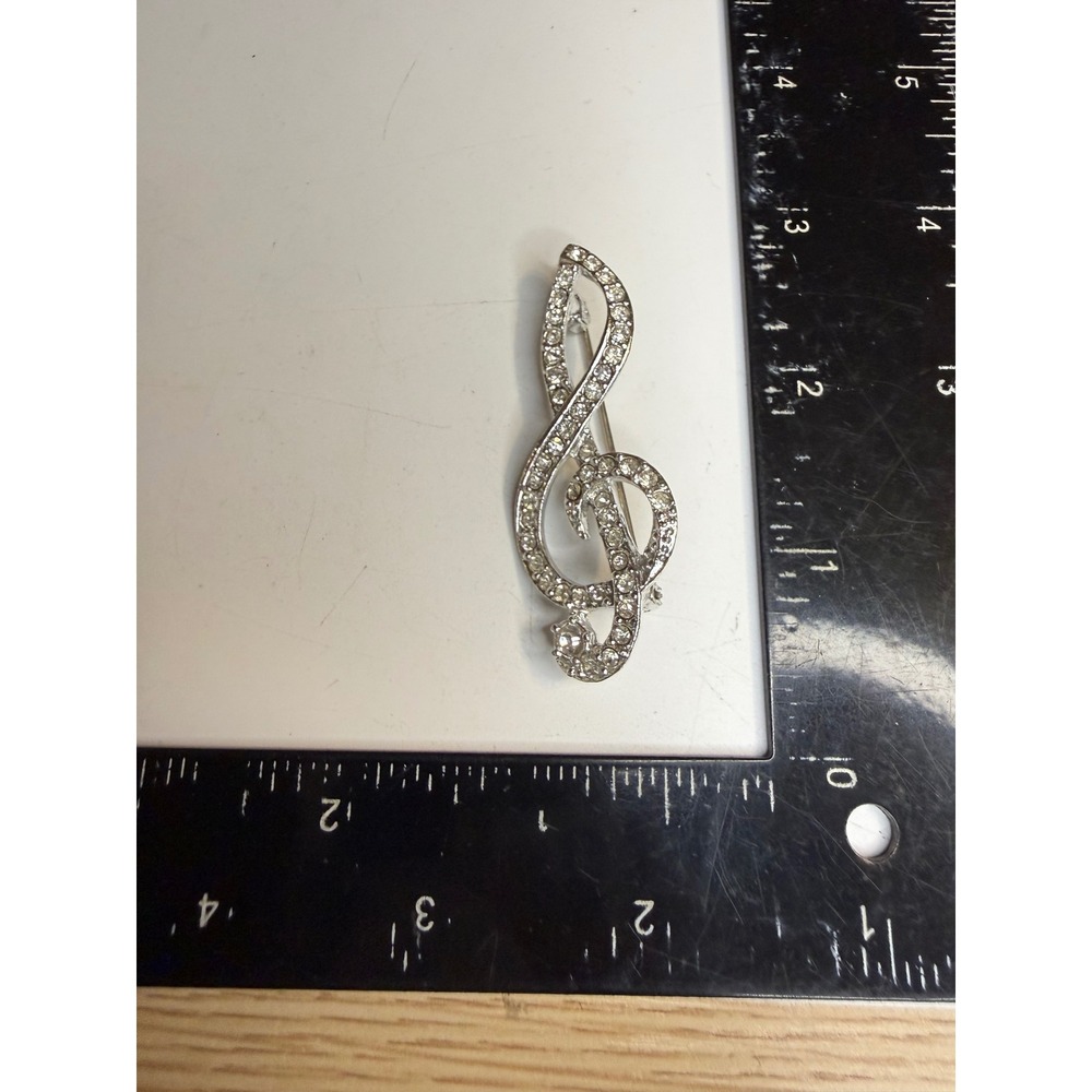 Silver Tone Treble Clef Rhinestone Brooch Music Note G Clef Pin Accessory - Picture 3 of 3